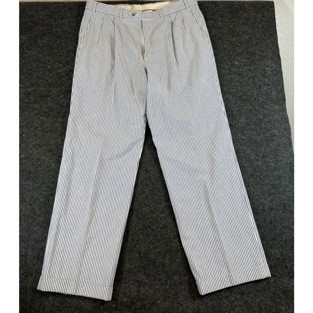 VINTAGE Dress Pants Mens 38x31 Blue White Striped Seersucker Pleated Trousers